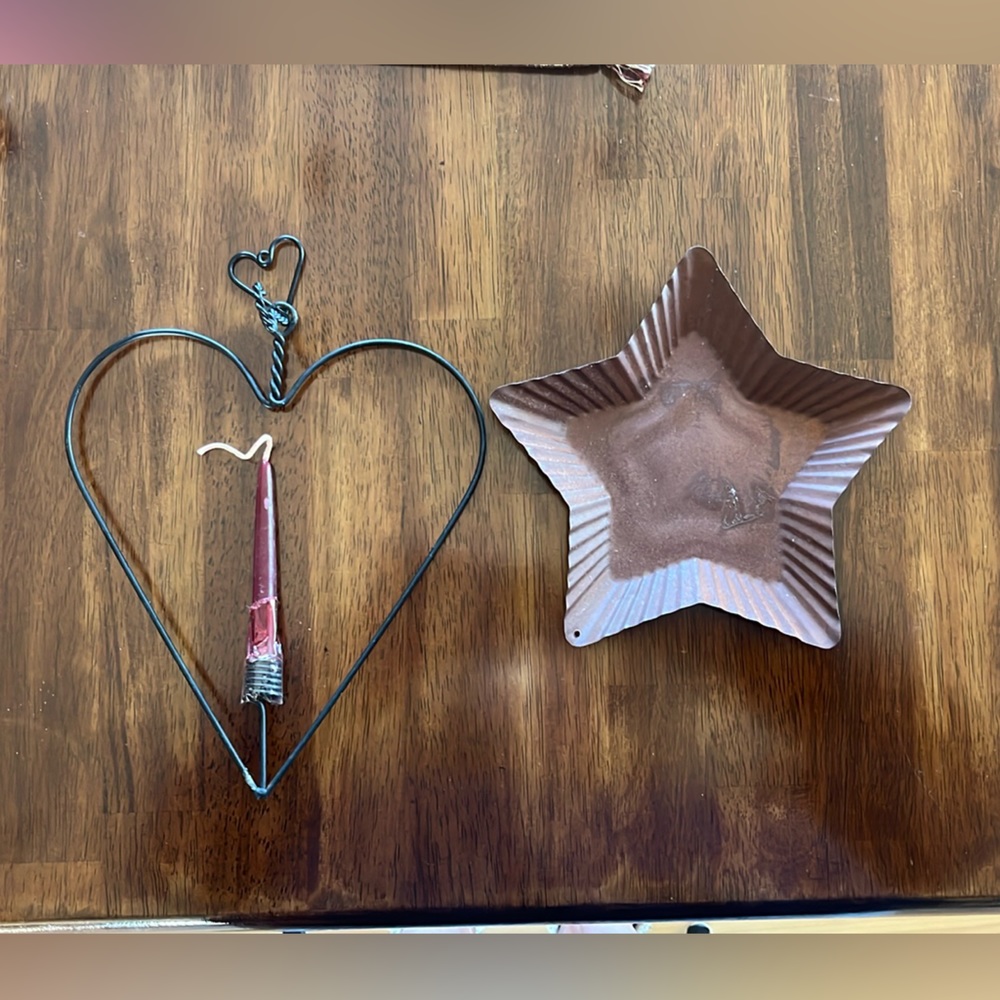Primitive, hanging candle, and Star candle holder